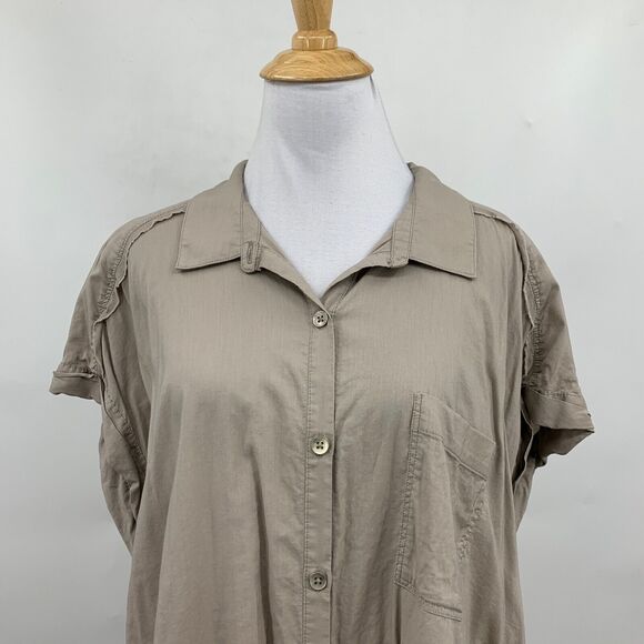 Splendid Shirt Women XL Extra Large Beige Short Sleeve Collar Button Up Top - Picture 3 of 10